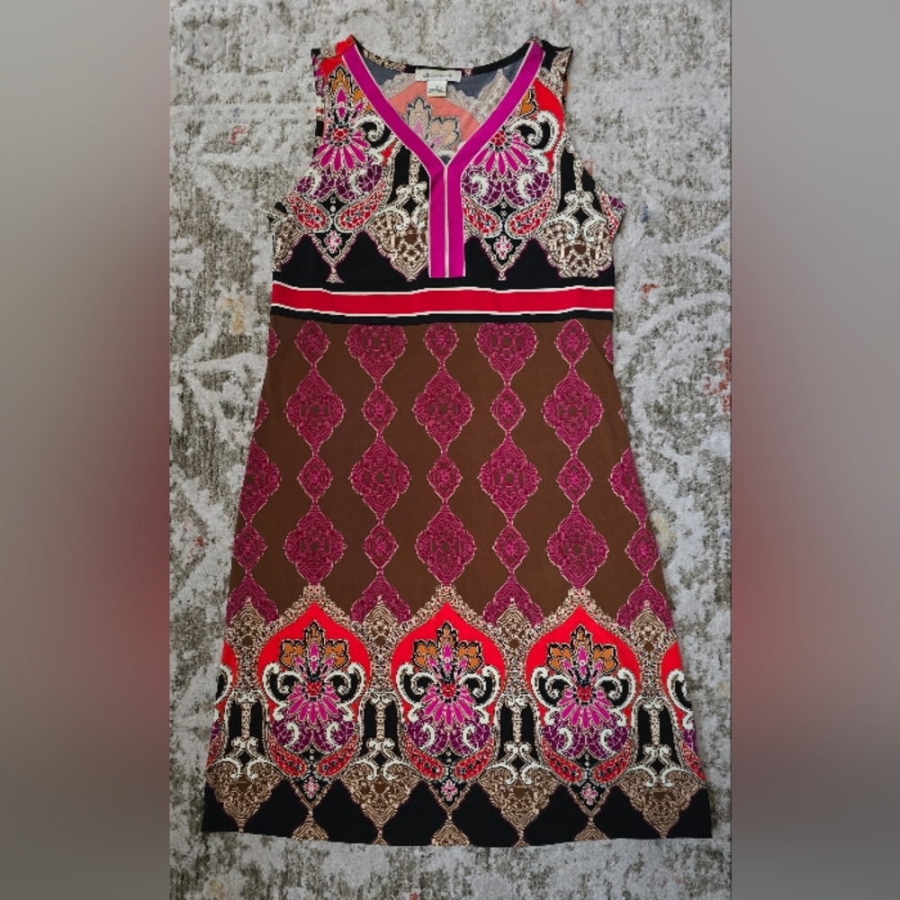 Liz Claiborne Sleeveless Mixed-Print V-Neck Dress in Pink and Brown-Size M
